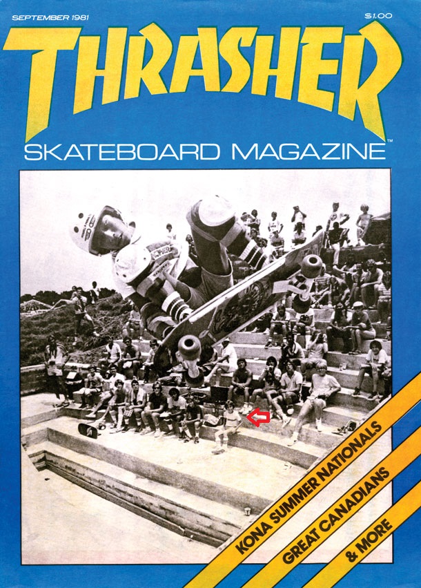 [At the feet of a master: A young Chip Southworth checks out Steve Caballero's skate movies at Kona Skate Park, circa 1981. Cover courtesy of Thrasher Magazine.]