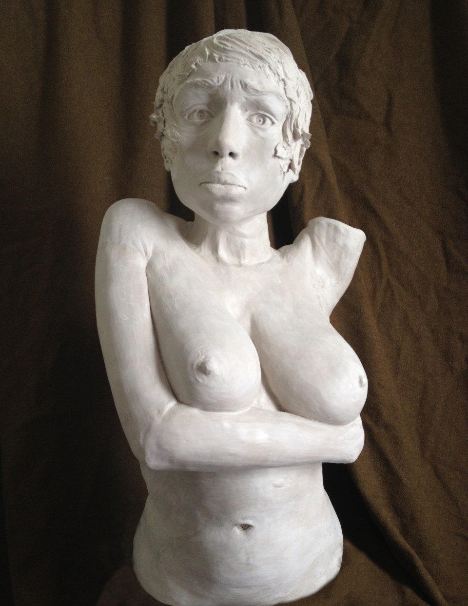 [A self-portrait bust from Maya de Ceano-Vivas' "Question" and "Answer" sculptures, clay, 2013]