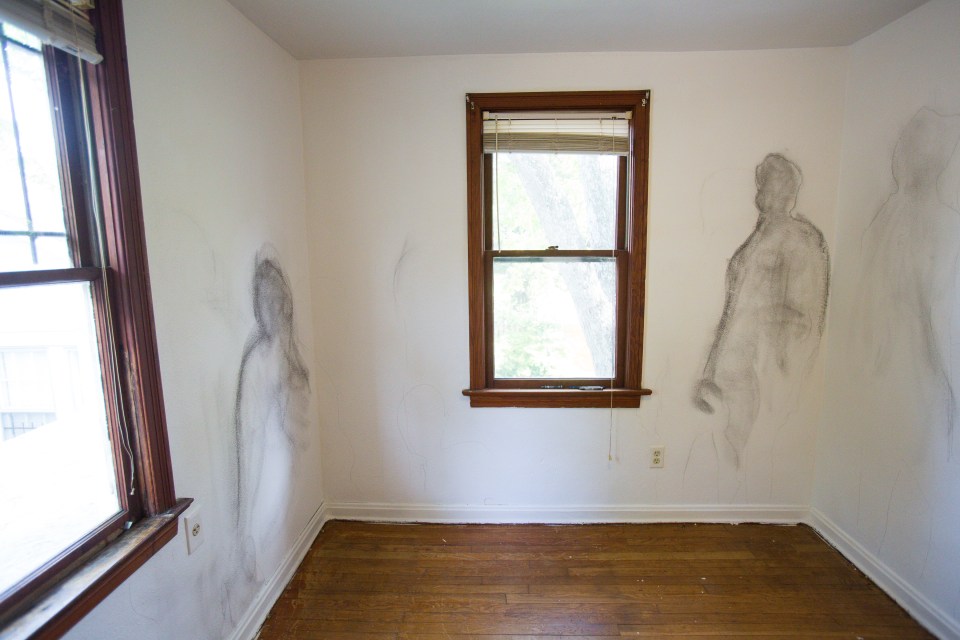 [ Installation shot of Thony Aiuppy's Residual Effect, 2013, graphite, acrylic, pencil, charcoal on wall, Dimensions variable.]