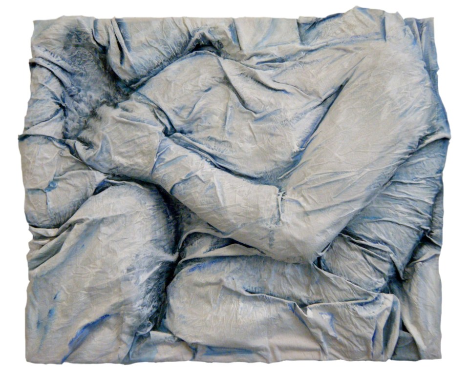 (Alex Gotay, "Wrapped 11: Embrace," 22 x 26, acrylic on a three dimensional muslin casting.)