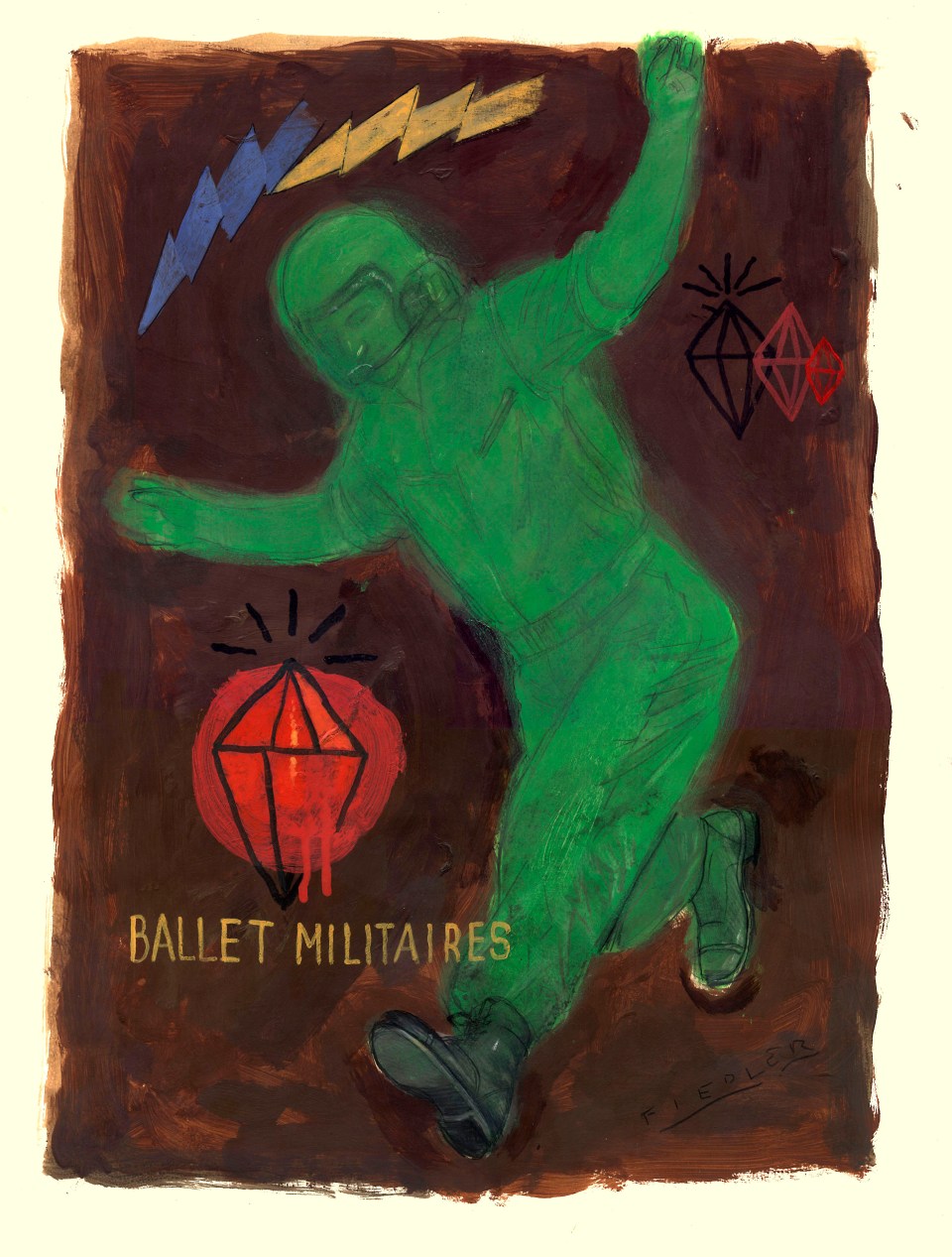 [Joseph Daniel Fieldler's "Ballet Militaires," acrylic and pencil on Stonehenge paper, 27 X 35.5.]