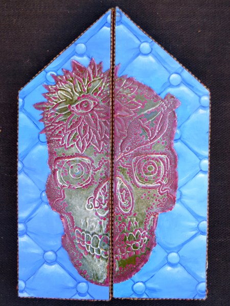 [Kim Scott's "The Nuthatch (the King, the Nuthatch and Happiness)," oil on panel, copper, enameled copper and gold leaf; 17 1/2" x 11" closed; 17 1/2" x 22" x 4"open.]