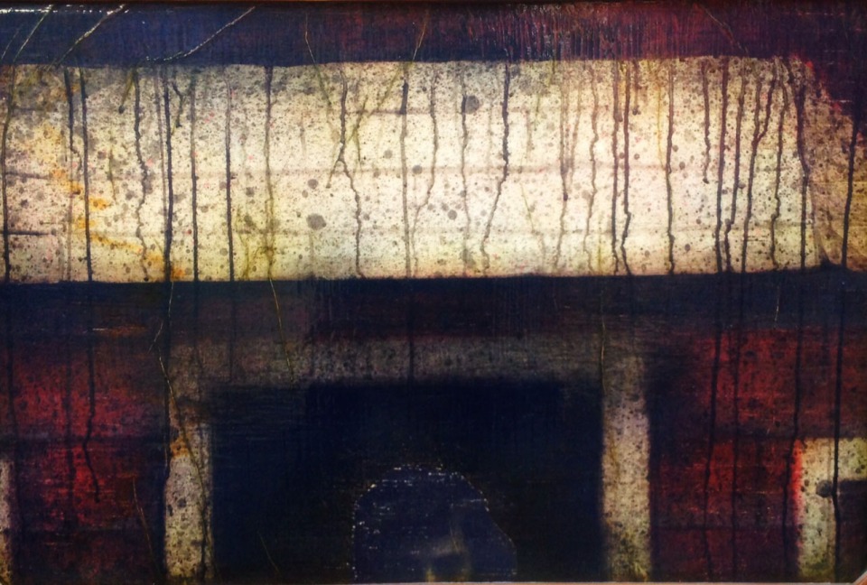 ["Dark," mixed media (acrylic, ink, wallpaper paste, butcher paper, stain, and lacquer on wood), 22 x 34; 2013.]