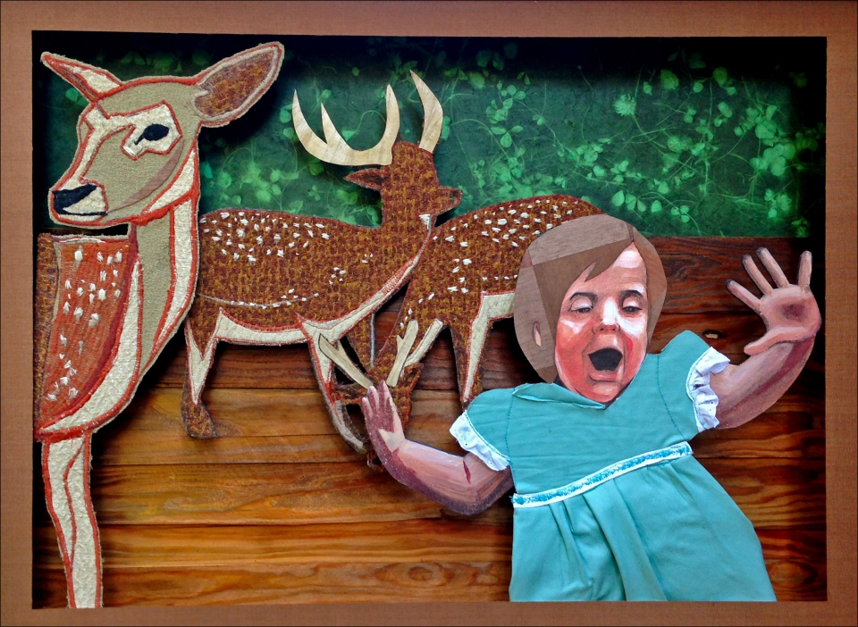 ["Fuck! A Deer!"; wood, fabric, acrylic, vinyl, paper, thread/embroidery (machine and hand stitched) framed in cypress wood, 21 x 27; 2013.]