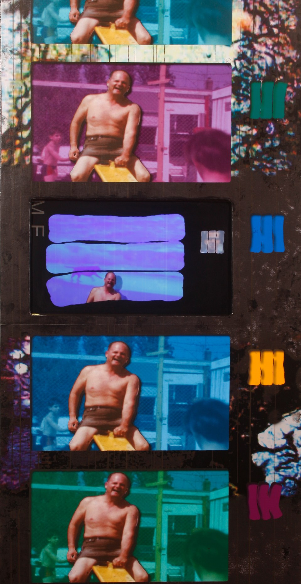 ["Now You See, Now You Saw," (detail) paint, ink, digital media, video, canvas, and wood, 81 x 24; 2013.]