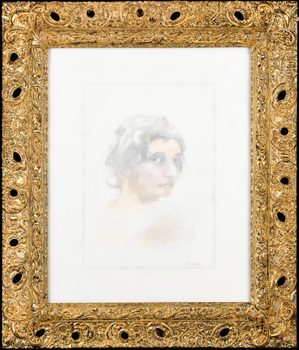["Vermeer, Vermeer," colored pencil, graphite, found frame, gold leaf, and vellum, 27 X 23; 2013.]