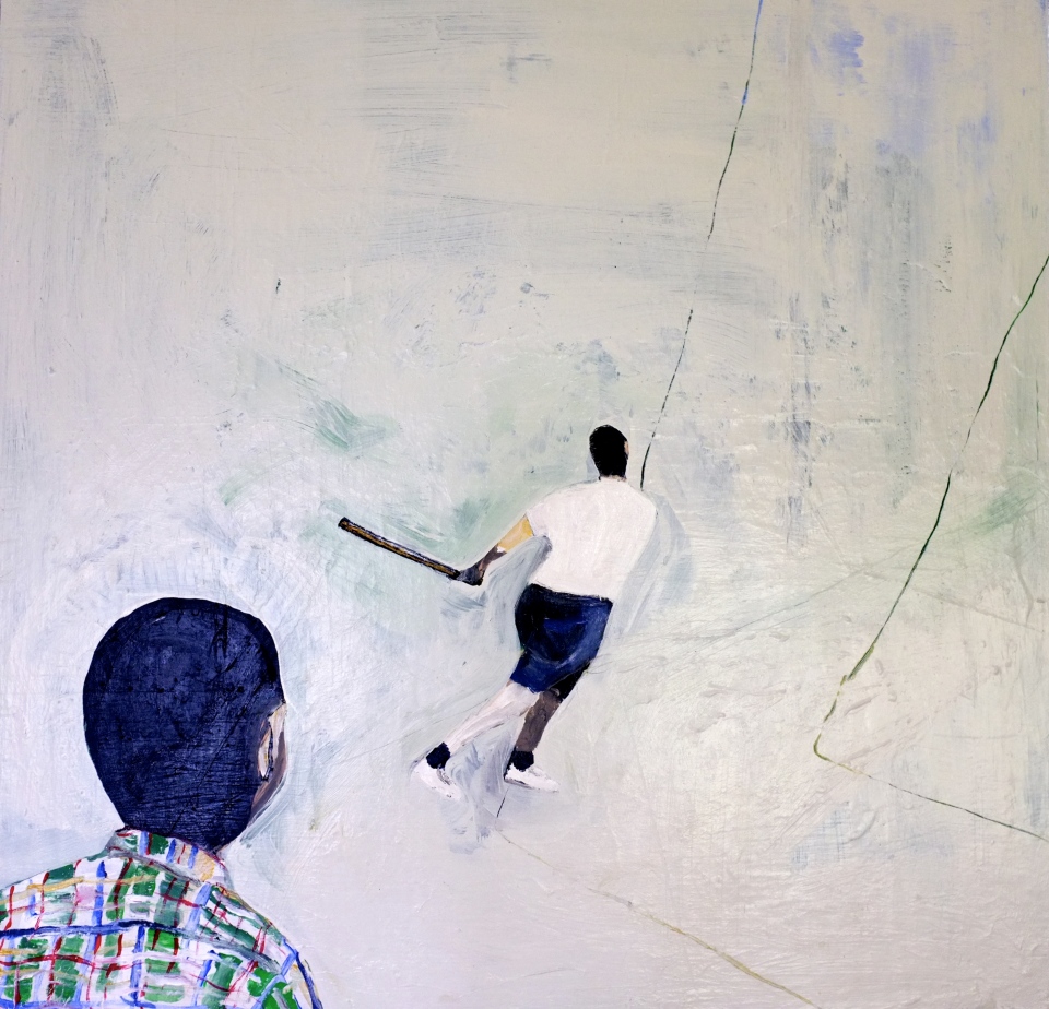 ["National Pastime," marker, white out, pencil, and glitter on paper and oil on panel, 24 x 24; 2013.]
