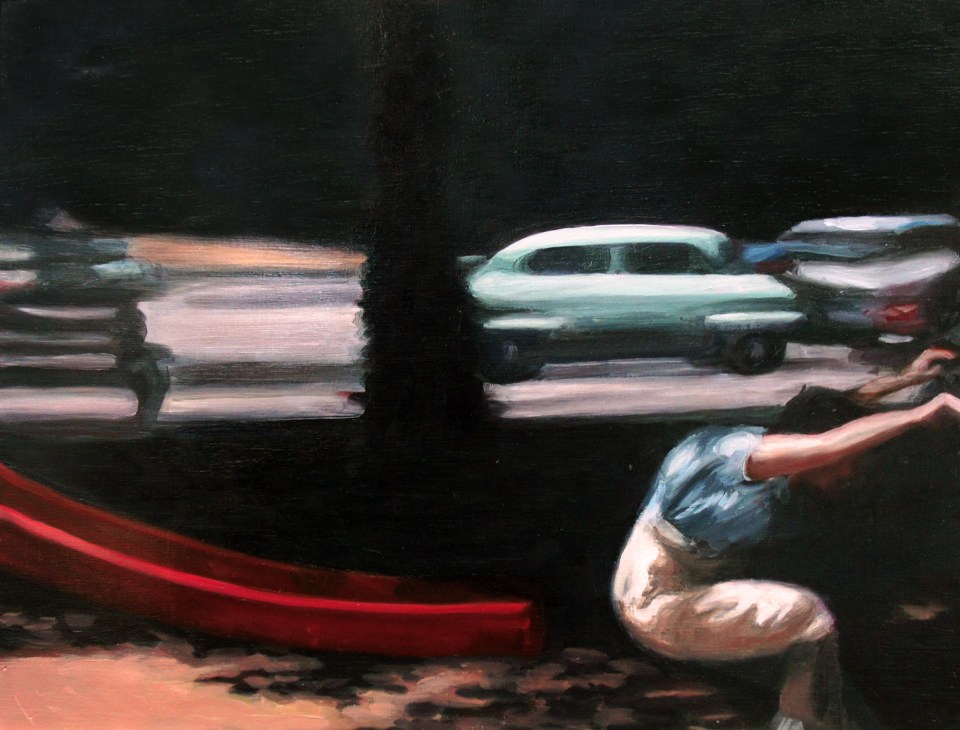 [“Rush," oil on wood panel, 18 x 24; 2013.]