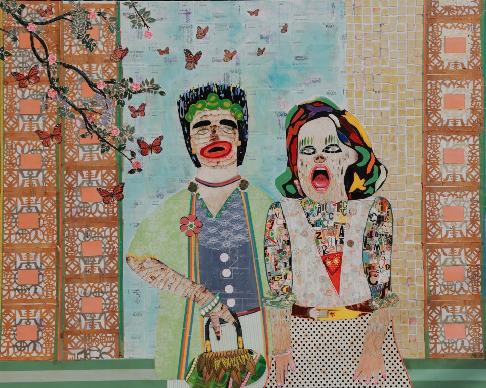 ["A Night to Remember," wall paper, checks, marble dust, oil, acrylic, gold leaf, tissue paper, cards, lace, cigarette paper, blue print, postage stamp, acrylic polymer medium, etc... on canvas, 48 x 60; 2013.]