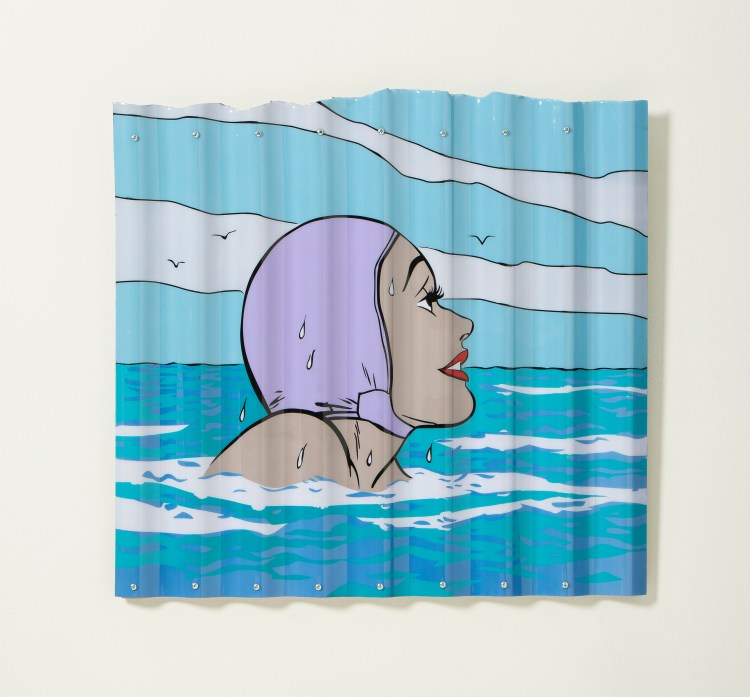 ["Bobbing," acrylic and aerosol on corrugated plastic, 24 x 26; 2013.]]