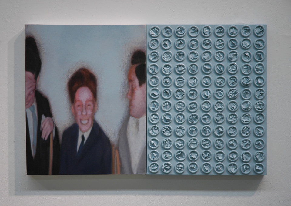 ["My Coming of Age: Boys," acrylic and latex on canvas, 20 x 32 (two canvases at 16 x20 each); 2013.]