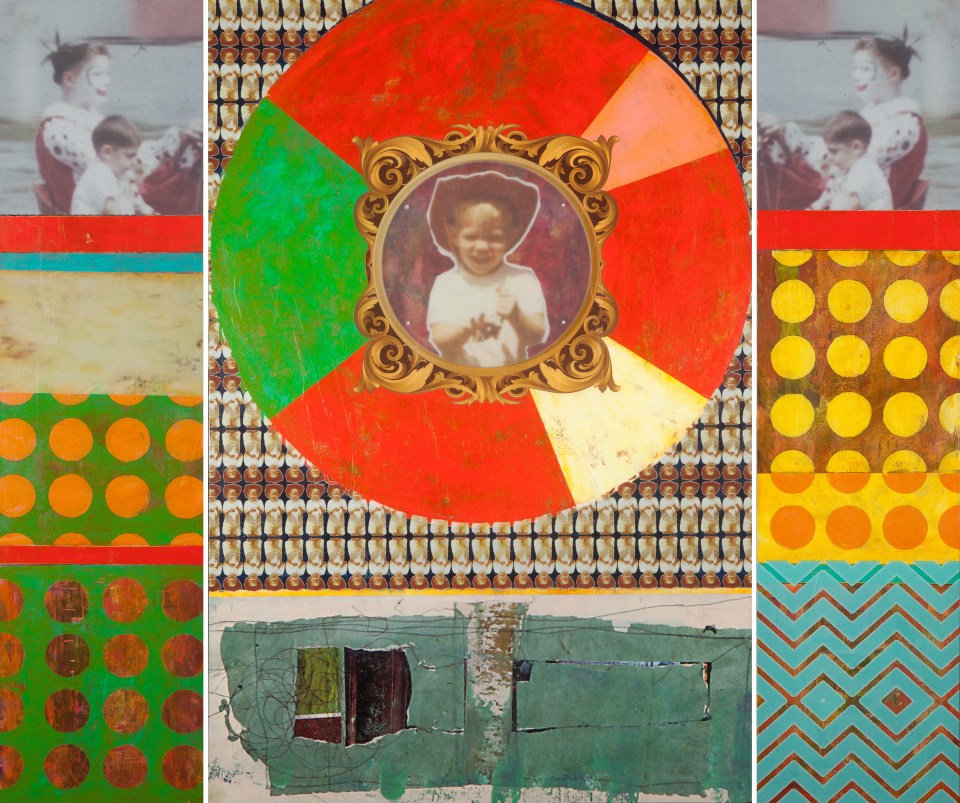 [“Clown Parade with Cowboy Attack - Shirt Tucked, Gun Loaded, Ready Let’s Go,” mixed media on mahogany, 72 x 108; 2013.] 