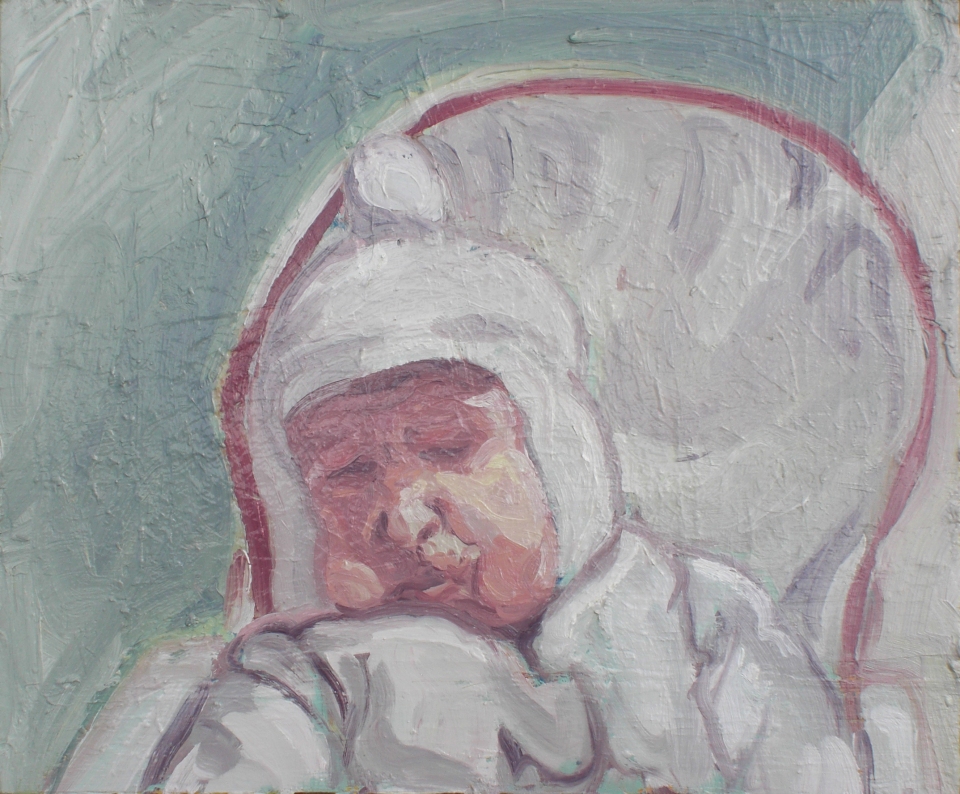 ["Reticent Slumber (an Effigy)," oil on three panels, 29 x 32; 2013.]