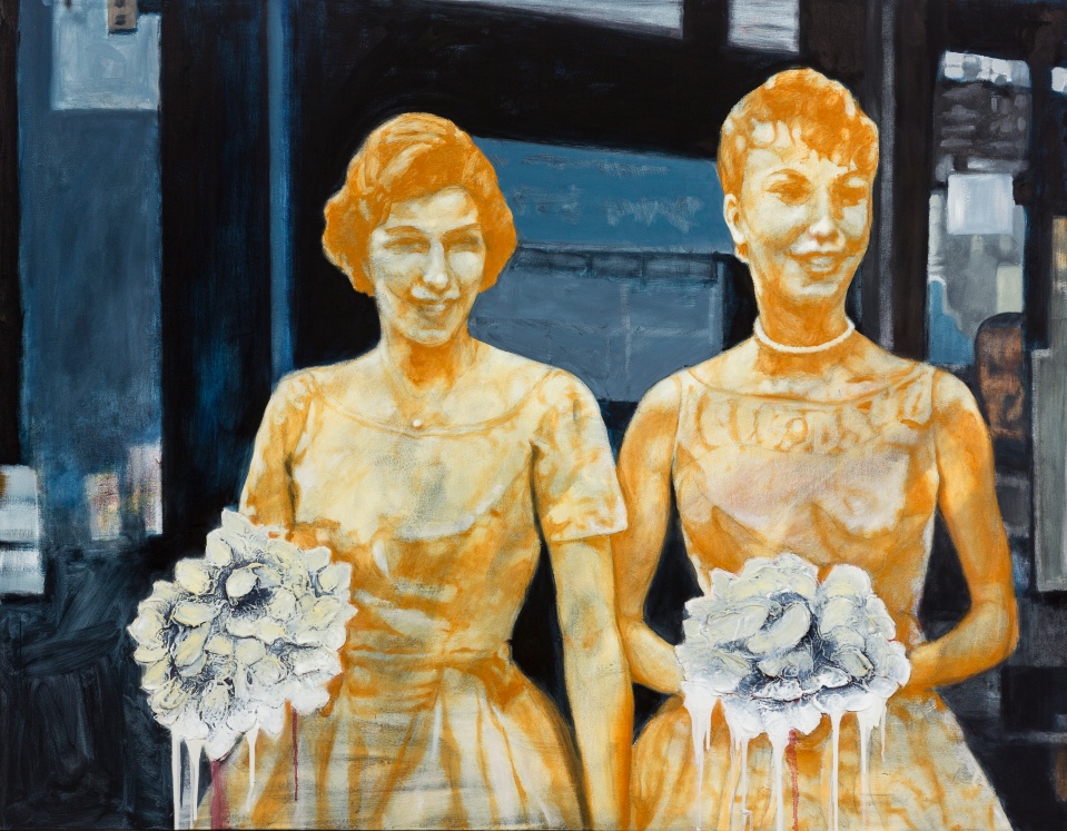 [“Bridesmaids and Bouquets," oil and mixed media on canvas, 42 x 54; 2013.]