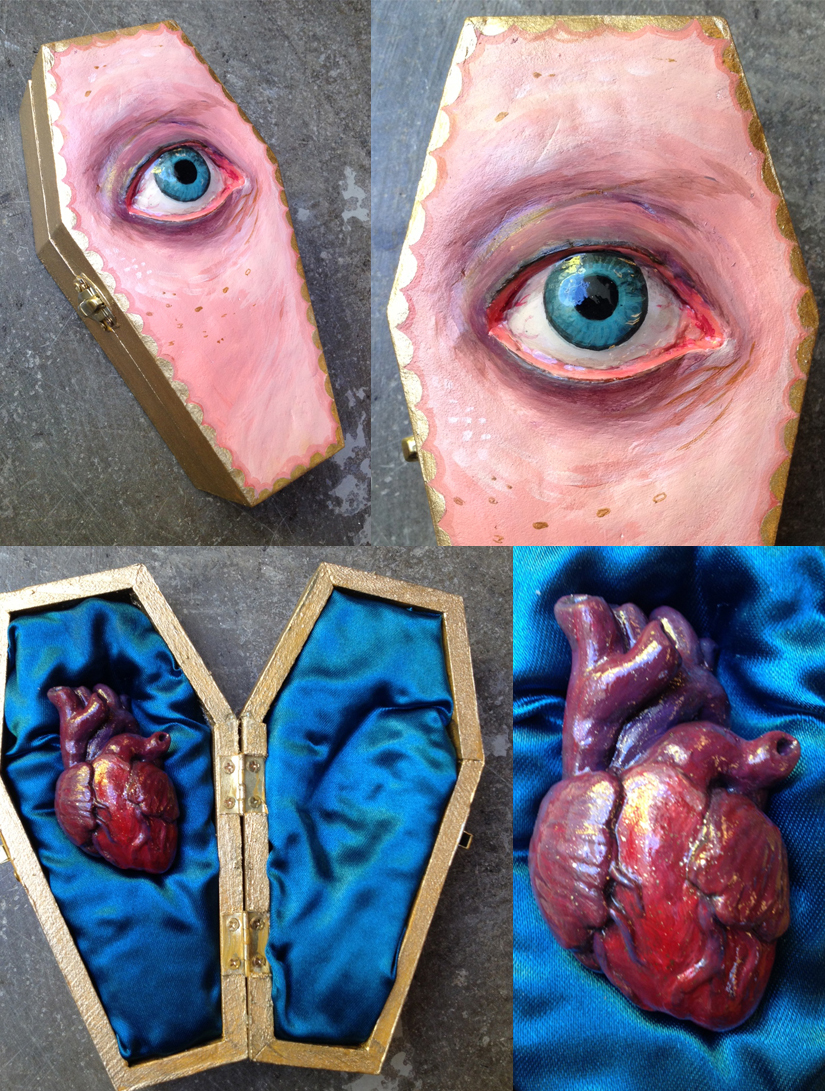 “The Coffin is about 6 x3 x 3; it is mixed media , acrylic, paper clay, polymer clay, satin, and gold leaf; 2012. I was misled about the exhibition of this piece. Allegedly part of an Easter Egg style ‘Coffin Hunt’ in L.A., it ended up being listed on eBay with a starting bid of $10…never exhibited or hidden. Super shady.  I was so disappointed. My mom secretly bid on it (and paid too much) and won it.  She gave it back to me at Christmas. She is the best.”