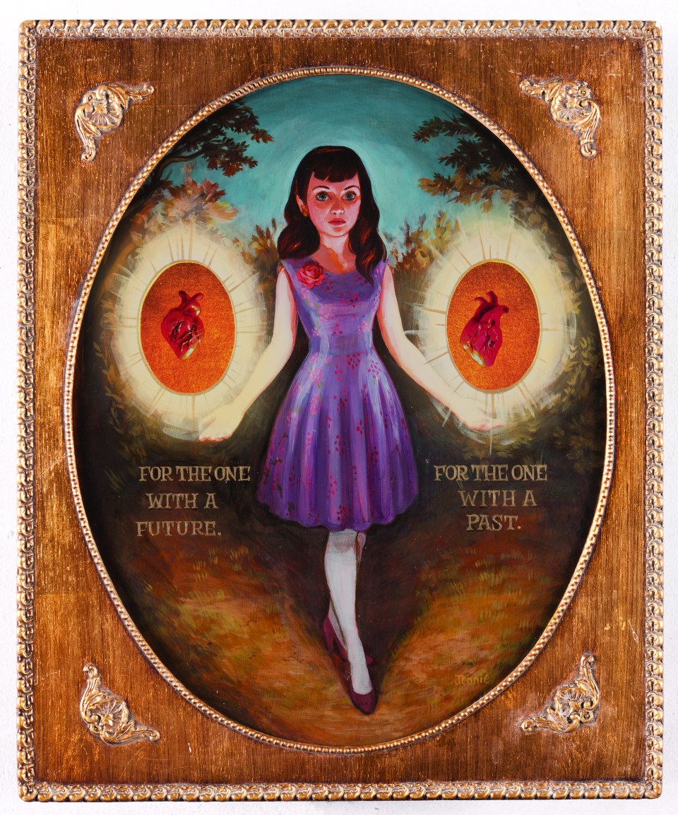 One For Each: “Roughly 16 x25 x4; Acrylic on wood and mixed media; light, velvet, gold leaf, and polymer clay, etc...”